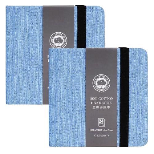 Lightwish Square Watercolor Journal,2 Pack Total 48 Sheets 100% Cotton,300gsm/140lb,Acid-Free,Cold Press Watecolor Sketchbook for Artists Adults Students,4.7 * 4.7 Inches(Blue) - color: Blue