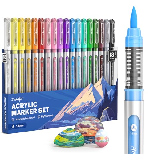 JusArt Acrylic Paint Markers Brush Tip 18 Colors, Water-Based No-Bleed Markers with Automatic Ink Control, Waterproof Acrylic Paint Pens for DIY Art & Crafts -Fabric, Wood, Rock, Ceramic, Metal - color: 18 Colors