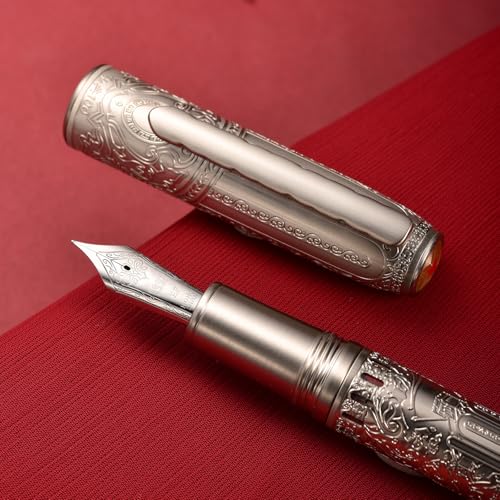 Hongdian 100 Silver Steel Piston Fountain Pen, Iridium Extra Fine Nib Calligraphy, Smooth Writing Pens, Nice Writing Pen for Men & Women - color: Silver-100, style: Extra Fine Point