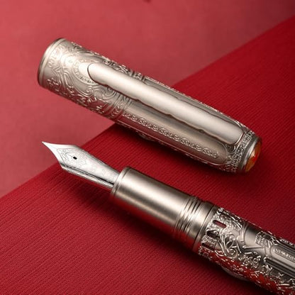 Hongdian 100 Silver Steel Piston Fountain Pen, Iridium Extra Fine Nib Calligraphy, Smooth Writing Pens, Nice Writing Pen for Men & Women - color: Silver-100, style: Extra Fine Point