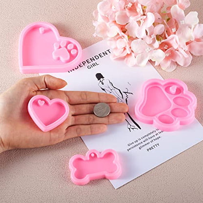 Craftdady 6pcs Keychain Pendant Resin Casting Molds Heart Bone Dog Paw Print Charms Silicone Molds with 12pcs Key Rings, 20pcs Jump Rings for Resin Casting DIY Keychain Jewelry Craft - color: Pink,Keychain,6pcs