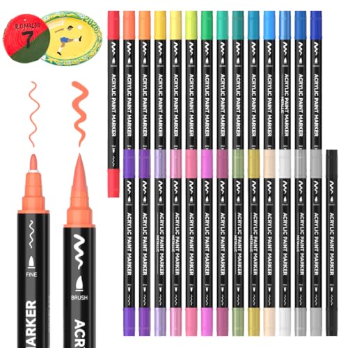 Shuttle Art 28 Colors Dual Tip Acrylic Paint Markers, Brush Tip and Fine Tip Acrylic Paint Pens for Rock, Ceramic, Wood, Canvas, Plastic, Glass, Stone, Calligraphy, Card Making, DIY Football Crafts - color: 28 Colors Brush Tip & Fine Tip