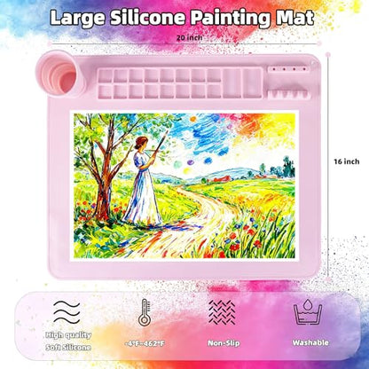 Silicone Painting Mat, 20"X16" Craft Mat,Large Art Mat with Built in Cup and Paintbrush Holder, Nonslip Clay Mats, Color Dividers Silicone Mats for Painting, Table, Resin and DIY Pink - color: Pink