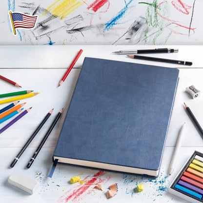 BROWNSTONE JOURNALS A4 Sketch Book Hardcover - 80 Sheets 100 GSM Paper 8.5"x11.5", Lay Flat, Vegan Leather Cover, Elastic Band, Back Pocket, Art Drawing Book (Symphony Blue) - color: Symphony Blue, size: A4 (8.5" x 11.5")