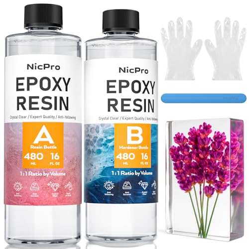 Nicpro 32 Ounce Crystal Clear Epoxy Resin Kit, High Gloss & Bubbles Free Resin Supplies for Art Coating and Casting, Craft DIY, Wood, Tabletop,Molds, River Tables - size: 32 oz