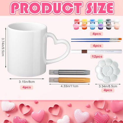 Potchen 4 Sets Paint Your Own Mug Painting Kits, Pastel Ceramic Mugs with Heart Handle Flower Cute Y2k Painting Mug Kit Activities Includes 4 Cups 8 Brushes 4 Palettes 2 Outlines Pen and 12 Markers