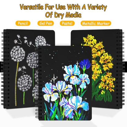 5x7in Black Paper Mixed Media Sketchbook, 110gsm Spiral Bound Art Journal Sketchbook, 70Sheets Acid-Free Travel Pocket Sketch Pad for Drawing, Illustration, Ideal for Most Dry Media - color: 1-BlackPaper-SideSpiral