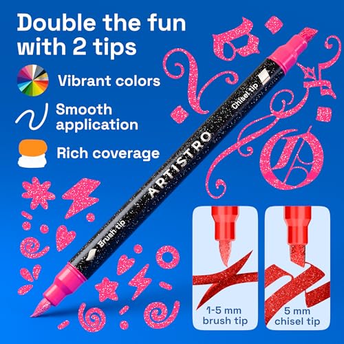 ARTISTRO 24 Sparkly Glitter Dual-Tip Paint Pens – Dazzling Markers with Acrylic Ink for Rock, Ceramic, Wood, Fabric, & More – Brush + Chisel Tips