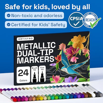 ARTISTRO 24 Metallic Acrylic Paint Markers - Paint Pens for Drawing - For Fabric, Rock, Glass, Wood, Molds - Arts & Crafts Gift for Adults, Teens, Kids, Classroom Must Haves & School Supplies