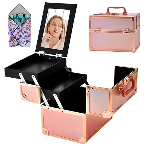 Makeup Train Case, Portable Makeup Case with Mirror, 2-Trays Cosmetic Organizer Case,Nail Polish Organizer, Travel Makeup Box, Profesional for Salon Barber, Rose Gold - color: Rose Gold