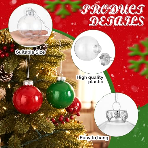 Baderke 12 Pcs Christmas Hanging Clear Plastic Fillable Ornaments with 6 Paint, 12 Glitters, Stick and Mixing Cups DIY Christmas Ornament Balls for Tree Hanging Decorations