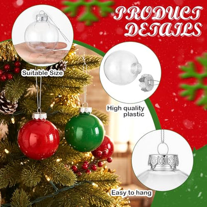 Baderke 12 Pcs Christmas Hanging Clear Plastic Fillable Ornaments with 6 Paint, 12 Glitters, Stick and Mixing Cups DIY Christmas Ornament Balls for Tree Hanging Decorations