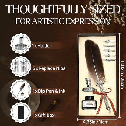 Joyeee Grey Writing Quill and Ink Set, With Elegant Antique Feather Fountain Dip Pen, Black Ink Pot, Stainless Steel Nibs, Collectible Keepsake Gift Box, Nice Luxury Office Gift for Colleagues Clients - color: Grey Quill Pen Set