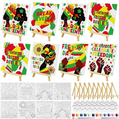 Cinrobiye 12 Pcs Juneteenth Canvas Craft Kit, DIY Pre Drawn Canvas Painting Activity Set with Easels Brushes and Aprons, Freedom Day Classroom Arts and Crafts Supplies for Group Event