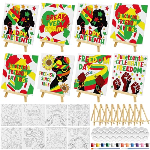 Cinrobiye 12 Pcs Juneteenth Canvas Craft Kit, DIY Pre Drawn Canvas Painting Activity Set with Easels Brushes and Aprons, Freedom Day Classroom Arts and Crafts Supplies for Group Event