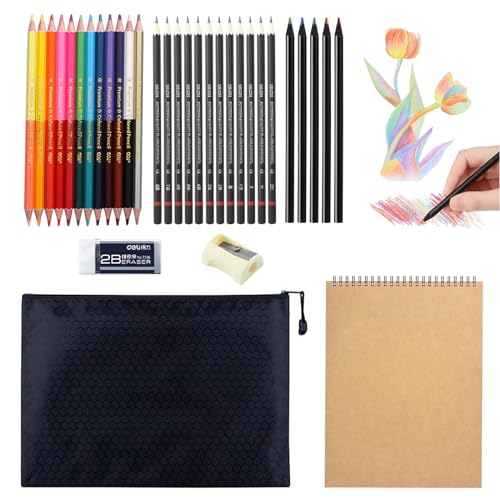 Sauonbly Drawing Pencils, 33pcs Art Supplies Sketching Pencils Set Include Graphite Pencils Sketch Book Rainbow Colored Pencils Dual Ended Colored Pencils for Beginners - color: Rowbow