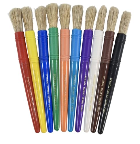 School Smart Stubby White Paint Brushes with Plastic Handles for School and Arts and Crafts Use, Assorted Colors and Sizes, Set of 10