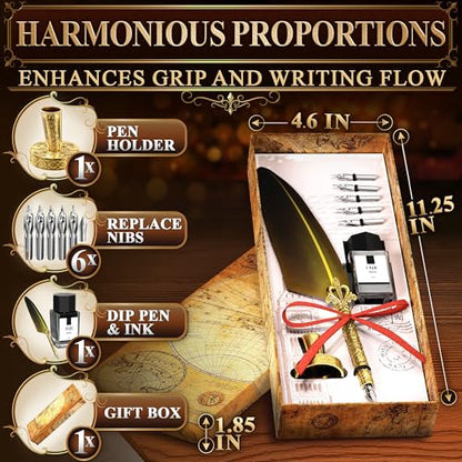Antique Writing Quill and Ink Set – Stainless Steel Dip Pen Feather Quill Pen and Ink Set with 5 Spare Nibs, Anti-Slip Patterned Grip, Gift-Ready Box with Display Stand – Calligraphy Gift Set (Golden) - color: Gold