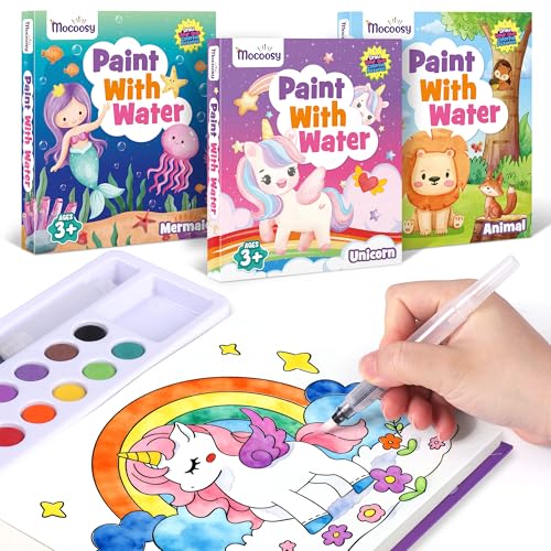 Mocoosy 3 Pack Paint with Water Coloring Books for Toddlers, Mess Free Watercolor Painting Set with Unicorn Mermaid Animal Themes, Art Craft for Kids Travel Activities, Birthday Gifts for Ages 3-5 4-8