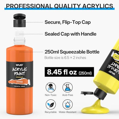 WUO 12 Colors Acrylic Paint Set, 250ml/8.45oz Bottles Acrylic Paint, Large Bulk Rich Pigment, Non-Toxic Waterproof Multi-Surface Painting Supplies for Artists Beginners on Canvas Wood Rock Crafts - color: 12 Colors