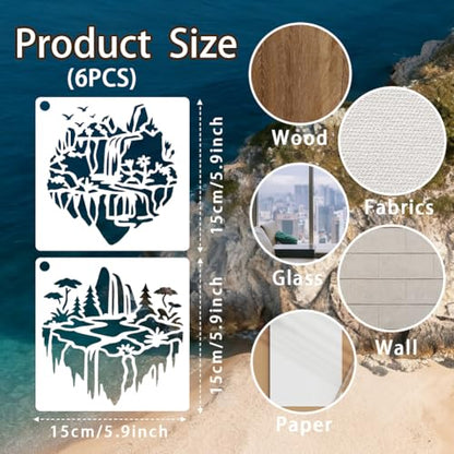 12 Sheets Small Island Stencils for Painting, 12 Styles Palm Tree Flowing Water Flower Wall Stencil Template Reusable Art Templates for Painting on Wall Wood Home Decor - style: Island