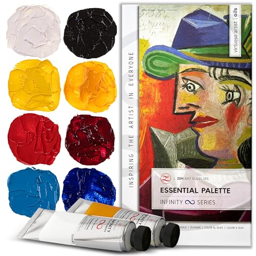 ZenART Professional Oil Paint Set - 8 x 50ml Leak-Proof Tubes - Non-Toxic, Creamy, Rich Pigmented Art Paints, Essential Primary Color Palette - Easy to Mix Lightfast Oil Paints for Artist & Beginners - color: Essential Palette (Primary Colors) – 8 × 1.7oz