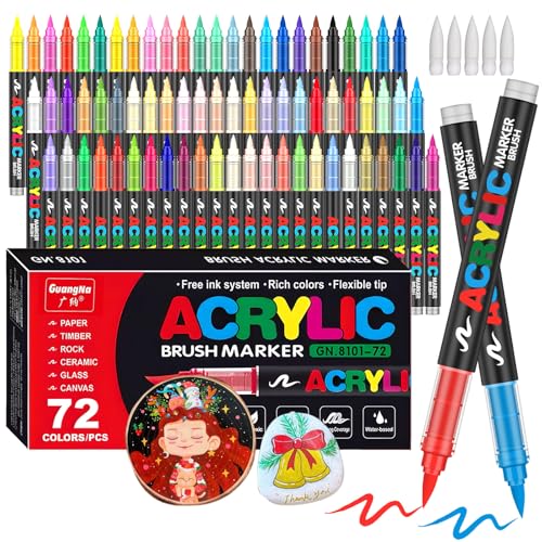 Amamao 72 Colors Acrylic Paint Markers, Soft Brush Tip Pens and Markers, Acrylic Paint Pens for Wood, Stone, Canvas, Glass, Fabric, Egg, Rock Painting and DIY Crafts Art Supplies - style: 72 BOX
