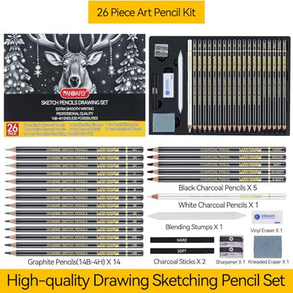 PANDAFLY Drawing Sketching Pencil Set, 26 Piece, 4H-14B Graphite Pencils | Charcoal Pencils & Sticks, Vinyl & Kneaded Erasers, Sharpener & Blending Stump, Artist Pencils for Artists and Beginners