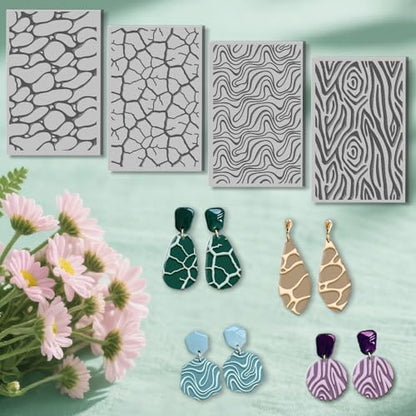 4 Pcs Natural Textures Patterns Polymer Clay Texture Sheet Water Ripples Rubber Clay Texture Mat for Polymer Clays Making Earrings Jewelry DIY Crafts 4 × 2.5 Inch - style: Water Ripples