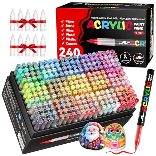 240 Colors Acrylic Paint Markers, Soft Brush Tip Acrylic Markers Set, Paint Pens for Wood, Fabric, Canvas, Glass, Stone, Canvas, Rock Painting and DIY Crafts Art Supplies - color: 240 Colors