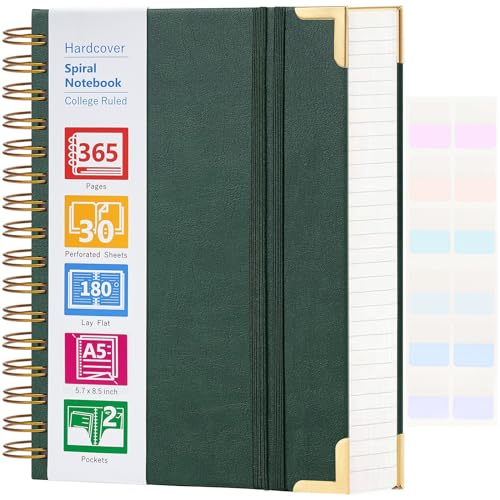 Spiral Notebook, 365 Page Hardcover Leather Notebook Journal, Large A5 Lined Journal for Women Men, College Ruled Notebooks for Work School, Journals for Writing, 24pcs Index Tabs, 5.5" x 8.5", Green - color: Green, size: 5.5" x 8.5"