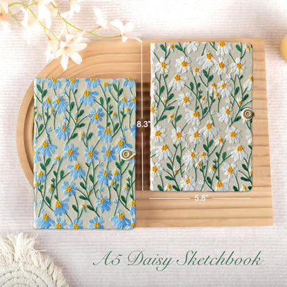 A5 Sketchbook, Flower Notebook, Embroidered Journal, Daisy Gifts for Women, 8"x6" Notebook, Hardcover, Lay Flat, Personalized Notebook, Unlined Notebook, Plain Journal, Blue Daisy - color: A5-Button-Blue, style: Plain