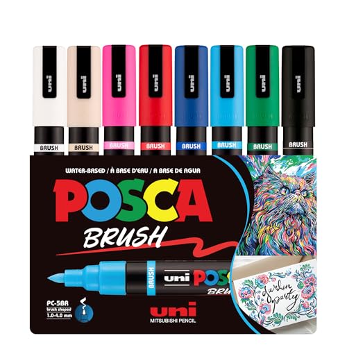 POSCA PC-5BR Water-Based Paint Markers, Reversible Brush Tip (1.0-4.0mm), Assorted Colors, 8 pack - size: 1 Count (Pack of 8), style: Brush Tip