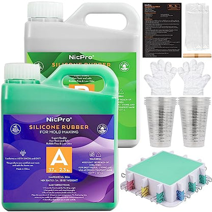 74oz Platinum Silicone Mold Making Kit with Molds Housing & Mixing Cups, 1:1 Ratio, 20A Medium Hardness, Non-Toxic Liquid Silicone Rubber for Resin, Jewelry, Craft Molds - size: 74oz