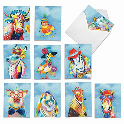 The Best Card Company - 10 Adorable Note Cards Blank (4 x 5.12 Inch) - Wildlife and Animal, Assorted Boxed Set - Funny Farm M6563OCB-NB - style: Funny Farm