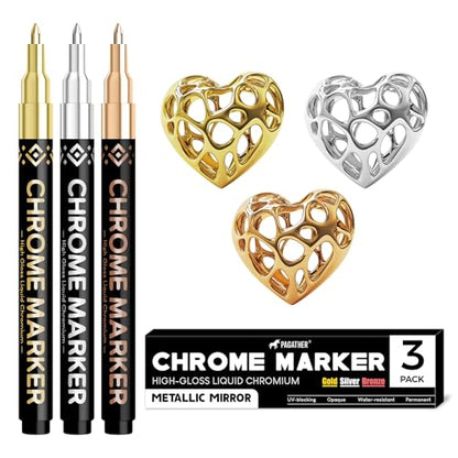 Pagather 3Pcs Chrome Paint Markers, Permanent Mirror Liquid Chrome Pens for Plastic, Metal, Model, Jewelry, Wheel Painting, Touch Up & Repair Kit, DIY Art Projects - style: 3PCS Silver,Gold,Bronze
