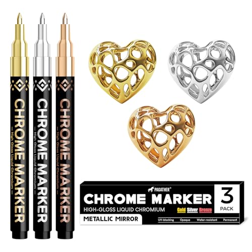Pagather 3Pcs Chrome Paint Markers, Permanent Mirror Liquid Chrome Pens for Plastic, Metal, Model, Jewelry, Wheel Painting, Touch Up & Repair Kit, DIY Art Projects - style: 3PCS Silver,Gold,Bronze