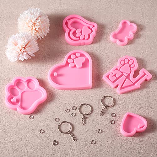 Craftdady 6pcs Keychain Pendant Resin Casting Molds Heart Bone Dog Paw Print Charms Silicone Molds with 12pcs Key Rings, 20pcs Jump Rings for Resin Casting DIY Keychain Jewelry Craft - color: Pink,Keychain,6pcs