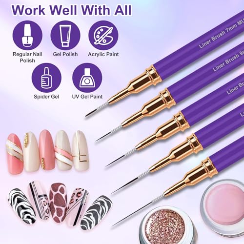 MUIIGOOD Nail Art Liner Brushes, 5Pcs Liner Brush For Nails, Painting Nail Art Brush Set Dotting Drawing Tool for Long Lines, Thin Details, UV Gel Polish Painting, Fine Drawing 7/9/11/15/25mm(Purple) - color: Purple