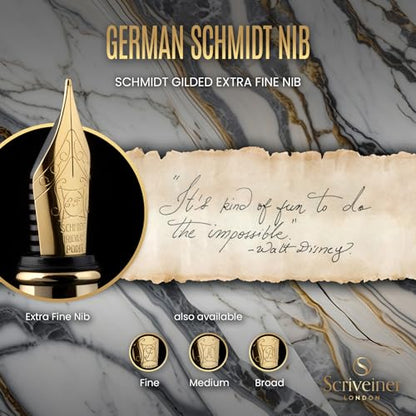 Scriveiner Silver Chrome Fountain Pen - Stunning Luxury Pen, Real Gold Finish, Schmidt Gilded Nib (Extra Fine), Best Gift Set for Men & Women Professional Executive Office Nice Designer Pen - color: 10. Silver Chrome with Gold, style: Extra Fine Nib