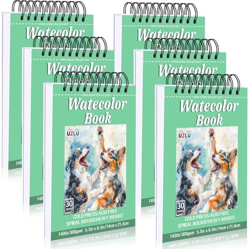 6 Pack Watercolor Paper Pad, 5.5x8.5 Inch Water Color Paper, 140lb/300gsm, Cold Press, Acid-Free, 180 Sheets Spiral Bound Watercolor Paper Pad for Wet & Dry Media, Ideal for Adults, Artists - size: 5.5x 8.5 in