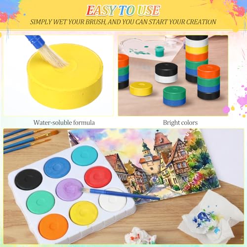 Nuanchu 36 Pcs Tempera Paint Cakes with Tray 9 Colors 2.24 x 0.71 Inch Giant Tempera Paint Set Painting Cakes Tray Palette with Paintbrush Paints Blocks Adults Art Supplies Crafts Drawing Artists
