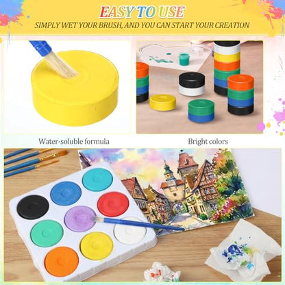 Nuanchu 36 Pcs Tempera Paint Cakes with Tray 9 Colors 2.24 x 0.71 Inch Giant Tempera Paint Set Painting Cakes Tray Palette with Paintbrush Paints Blocks Adults Art Supplies Crafts Drawing Artists