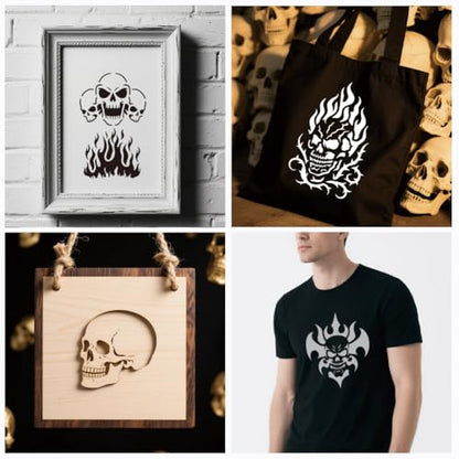 12 Sheets Skeleton Flame Painting Stencils, 24 Styles Halloween Skull Drawing Templates Reusable Border Stencil for Painting on Wall Wood Home Decor - style: Skeleton Flame