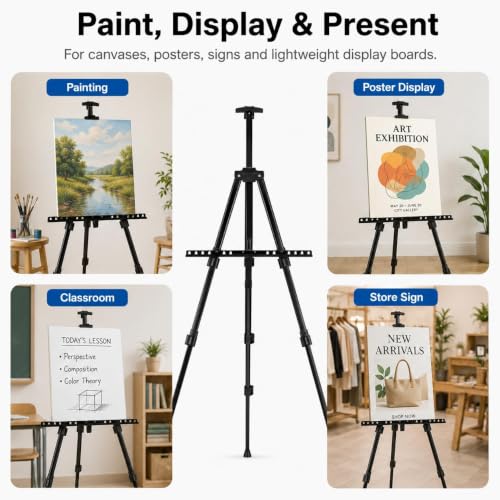 Display Easel for Wedding Sign & Painting, 17''-70'' Adjustable Collapsible Metal Tripod Easel, Secure Anti-Slip Tray, Dual Use Floor & Tabletop Stand with Free 18" Carry Bag for Sketch & Display