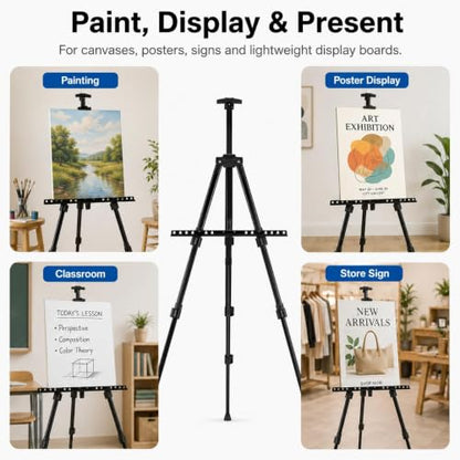 Display Easel for Wedding Sign & Painting, 17''-70'' Adjustable Collapsible Metal Tripod Easel, Secure Anti-Slip Tray, Dual Use Floor & Tabletop Stand with Free 18" Carry Bag for Sketch & Display