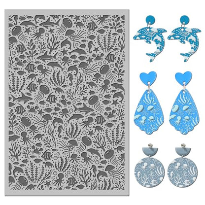 Ocean Sea Grass Polymer Clay Texture Mat - Fish Jellyfish Seahorse Texture Sheet for Polymer Clay Jewelry Making, Earring Charms, DIY Craft Supplies - style: ocean animals