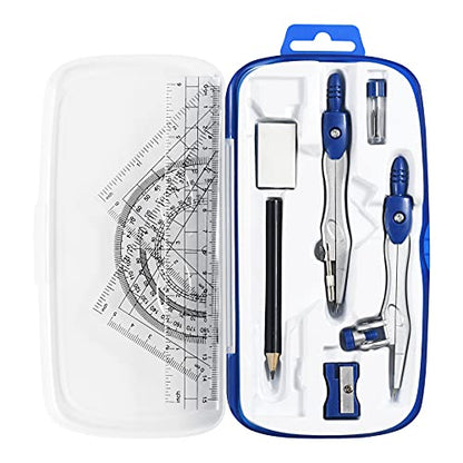 Unjoo Math Geometry Kit Sets 10 Piece Student Supplies with Shatterproof Storage Box,Includes Rulers,Protractor,Compass,Eraser,Pencil Sharpener,Lead Refills,Pencil,for Drafting and Drawings（Navy blue） - color: Navy Blue