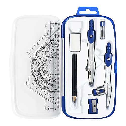 Unjoo Geometry Set 10 Pcs, Compass and Protractor for Students(Navy Blue) | Shatterproof Storage Box,Rulers,Protractor,Compass,Eraser,Pencil Sharpener,Lead Refills,Pencil,for Classroom, Back to School - color: Navy Blue