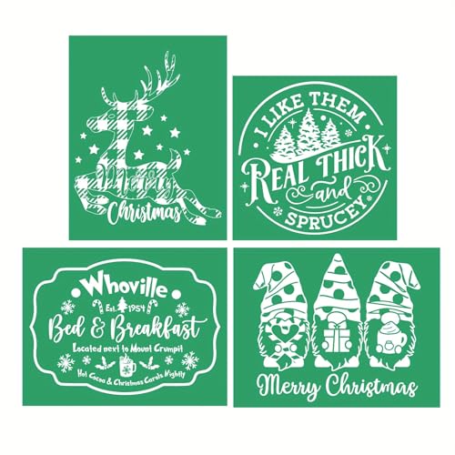 4PCS Christmas Self-Adhesive Silk Screen Stencils,Christmas Tree Screen Printing Stencils for Craft Xmas Chalk Stencil Transfers Reusable Stencils for Painting on Wood T-Shirt Fabric Card - color: 4pcs Christmas stencils